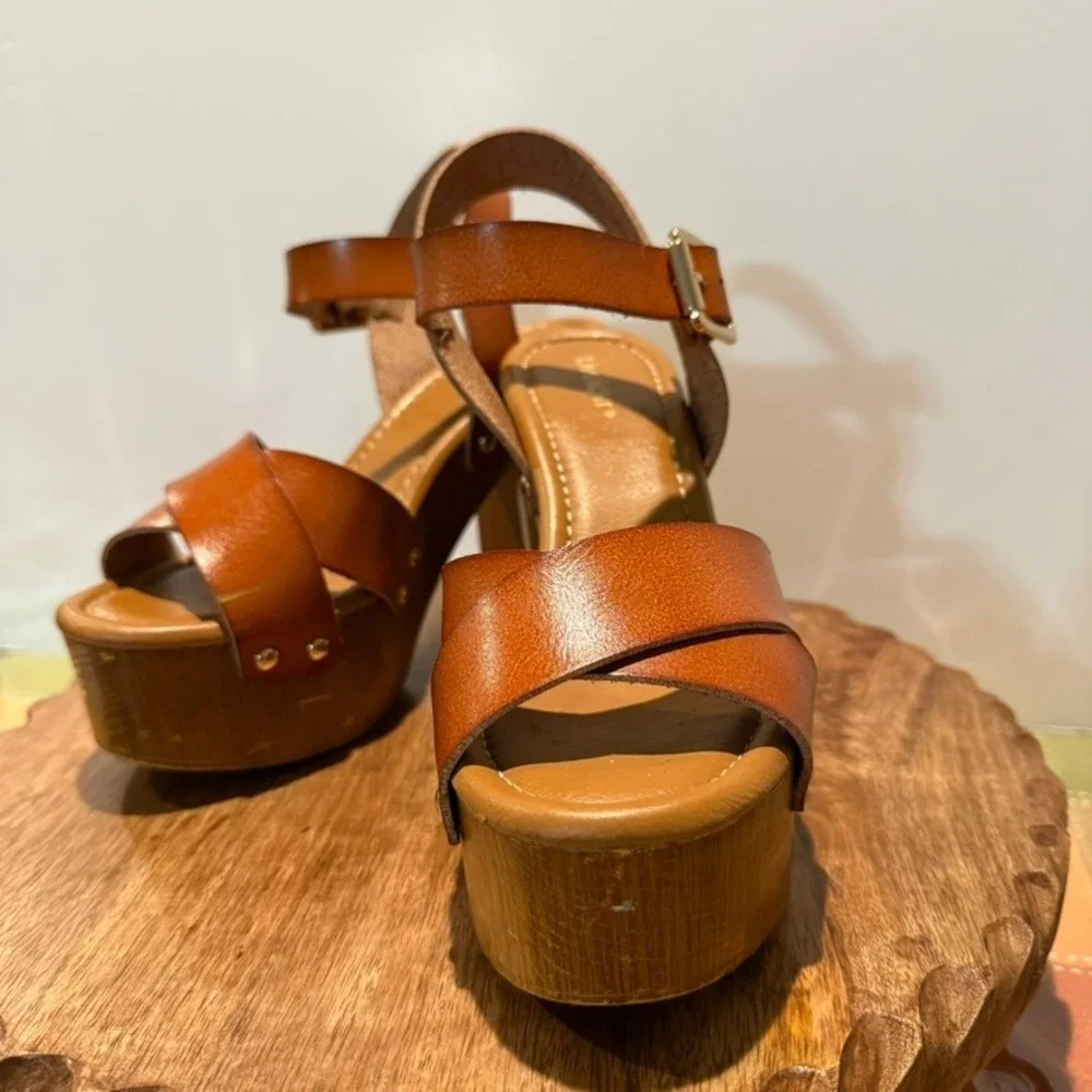 Limelight April Platform Sandals Womens 7M Cognac Brown Faux Wood Block Heel